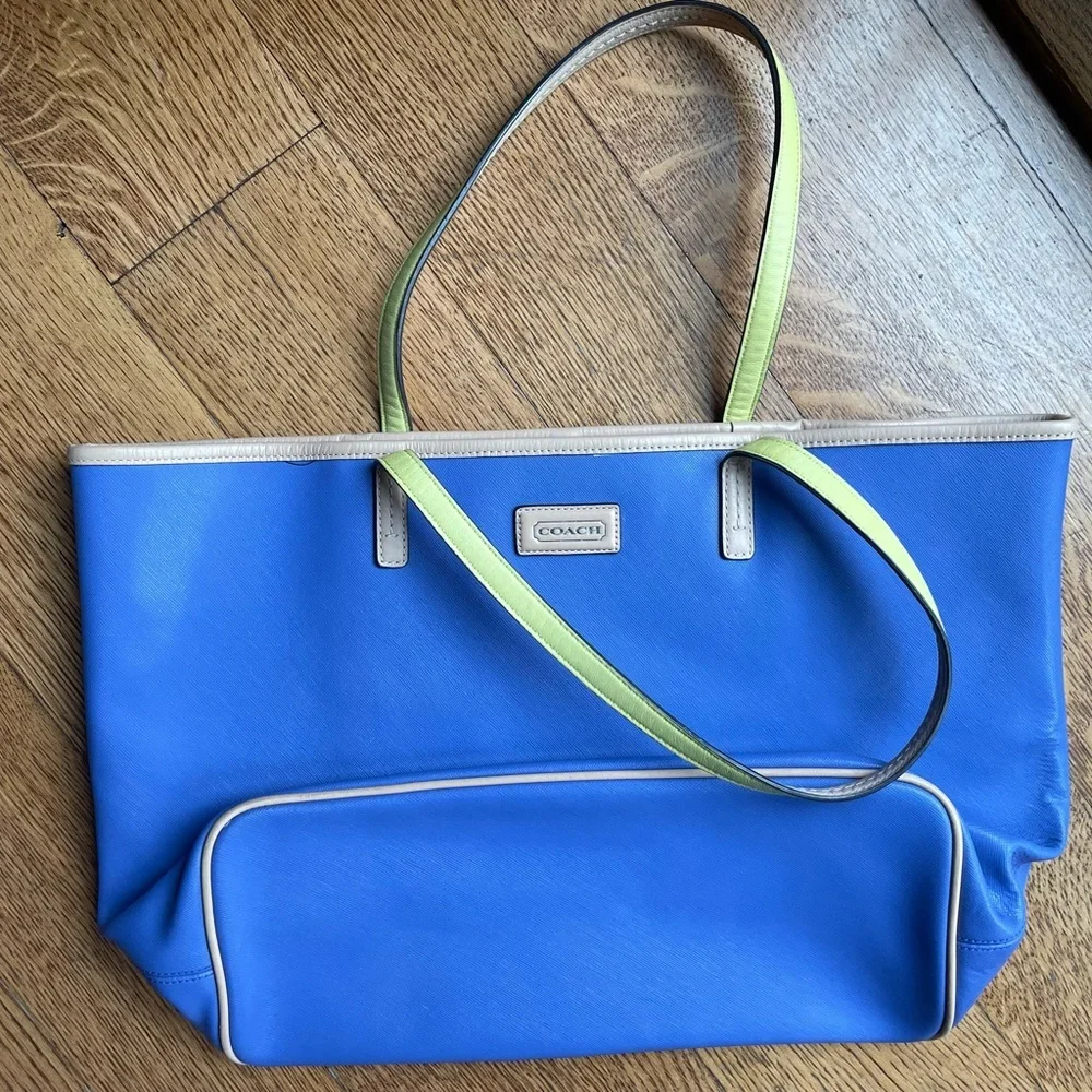 COACH BLUE LEATHER TOTE WITH LIIGHT YELLOW TRIM/HANDLES. ‎ EXCELLENT CONDITION.